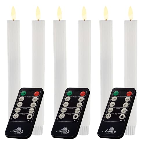 Stabkerzen LED mit Timer Weiss 6 Stück Indoor - 6 Stunden - ECHTWACHS gerippt 23cm Höhe für Kerzen 2,2cm Durchmesser 2 AAA Batterien notwendig LED Stabkerzen 2er Set (Zwei Mal) bewegliche Flamme von Novaliv