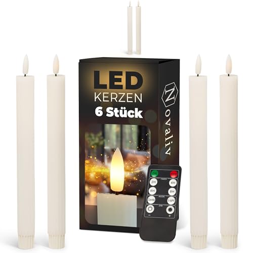 Stabkerzen LED mit Timer Weiss 6 Stück Indoor - 6 Stunden - ECHTWACHS gerippt 23cm Höhe für Kerzen 2,2cm Durchmesser 2 AAA Batterien notwendig LED Stabkerzen 2er Set (Zwei Mal) bewegliche Flamme von Novaliv