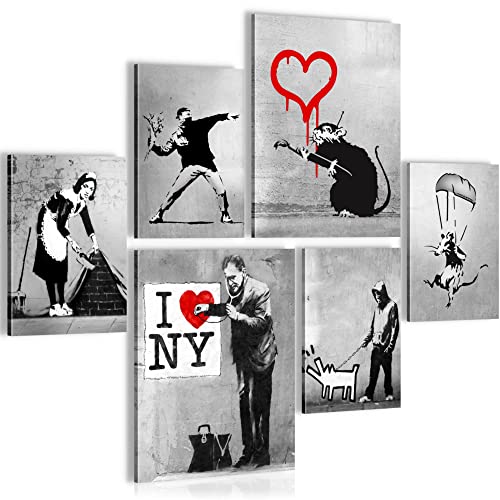 Novart Bilder Set - AUFHÄNGFERTIG - KEIN EXTRA RAHMEN BENÖTIGT - Banksy Collage Modern Street Art - Wohnzimmer Büro N003263b von Novart