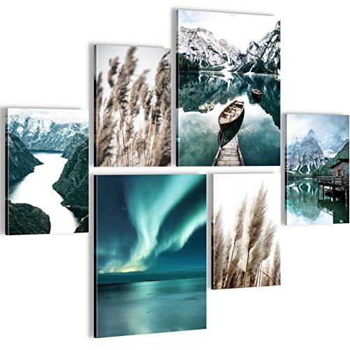 Novart Wandbilder Set Natur Berge See Aurora Grün - KEIN EXTRA RAHMEN BENÖTIGT - Modern Deko - Wohnzimmer Schlafzimmer N006263a von Novart