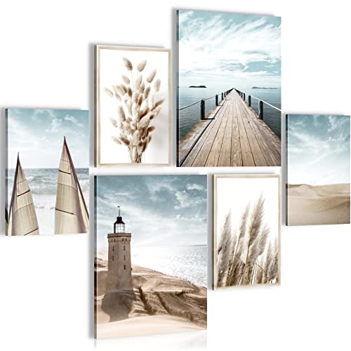 Novart Wandbilder Set Strand Meer Leuchtturm Blau Beige - KEIN EXTRA RAHMEN BENÖTIGT - Modern Deko - Wohnzimmer Schlafzimmer N007163a von Novart