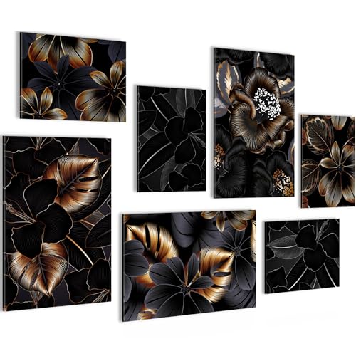 Novart Bilder Blumen Abstrakt - KOMPLETT AUFHÄNGFERTIG - Schwarz Gold Wohnzimmer Schlafzimmer Flur - 7 Moderne Mood-Bilder - N036472a von Novart