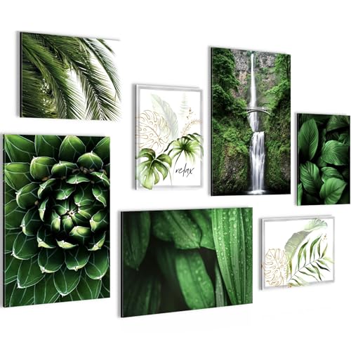 Novart Wandbilder Grüne Blätter Wasserfall - KOMPLETT AUFHÄNGFERTIG - Pflanze Natur Wohnzimmer Schlafzimmer - 7 Moderne Mood-Bilder - N004072a von Novart