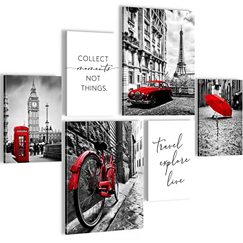 Novart Wandbilder Set London Paris Städte Schwarz Rot - KEIN EXTRA RAHMEN BENÖTIGT - Modern Deko - Wohnzimmer Schlafzimmer N024563a von Novart