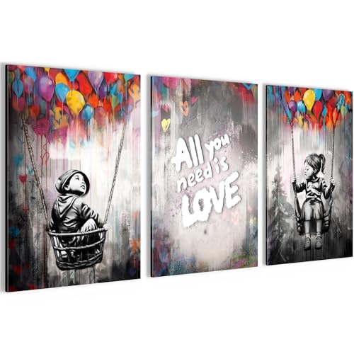 Novart Bilder Set Banksy Style Kinder - Kein Extra Rahmen benötigt - Wandbilder für Wohnzimmer Schlafzimmer Flur - 3 Teilig Deko Grau Bunt - N037436a von Novart