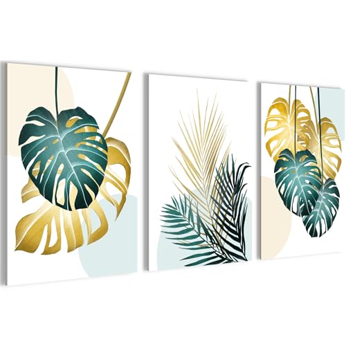 Novart Bilder Set Blätter Pflanzen - Kein Extra Rahmen benötigt - Wandbilder für Wohnzimmer Schlafzimmer Flur - 3 Teilig Deko Grün Gold - N029636a von Novart