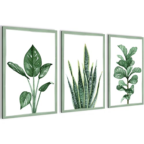 Novart Bilder Set Grün Blätter - Kein Extra Rahmen benötigt - Wandbilder für Wohnzimmer Schlafzimmer Flur - 3 Teilig Deko Pflanzen Natur - N024036a von Novart