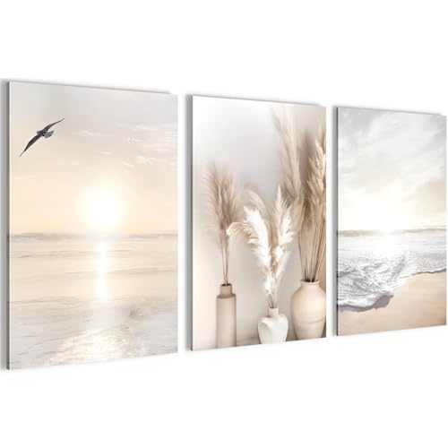 Novart Bilder Set Strand Meer Boho - Kein Extra Rahmen benötigt - Wandbilder für Wohnzimmer Schlafzimmer Flur - 3 Teilig Deko Beige - N029436a von Novart