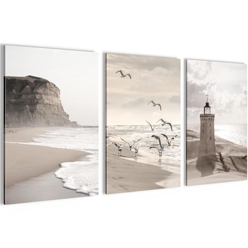 Novart Bilder Set Strand Meer Boho - Kein Extra Rahmen benötigt - Wandbilder für Wohnzimmer Schlafzimmer Flur - 3 Teilig Deko Beige - N033736a von Novart