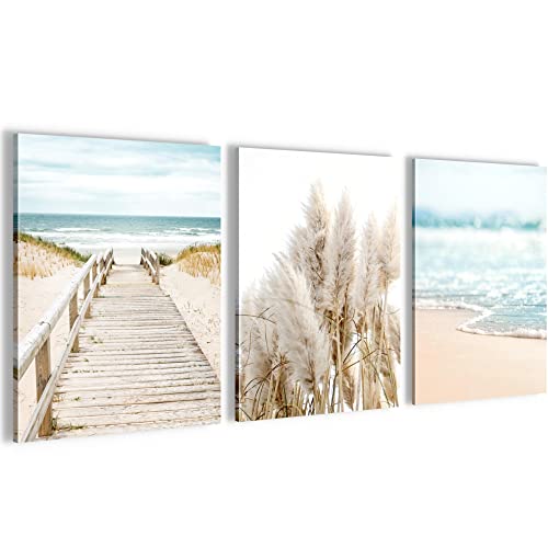Novart Wandbilder Set Meer - KOMPLETT AUFHÄNGFERTIG - Wohnzimmer Schlafzimmer Deko - 3 Moderne Bilder Paradies Strand - N004835a von Novart