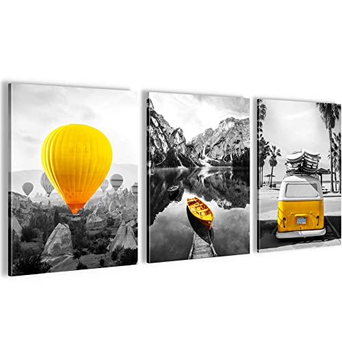 Novart Wandbilder Set Natur - KOMPLETT AUFHÄNGFERTIG - Wohnzimmer Schlafzimmer Deko - 3 Moderne Bilder Gelb Schwarz Weiss Grau - N006535a von Novart