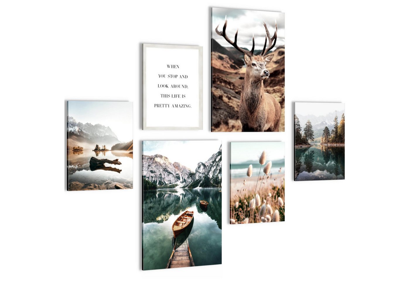 Novart Wandbild Wald Hirsch Natur Berge Bilder Set Aufhängfertig von Novart