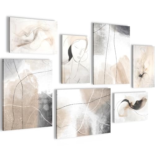 Novart Wandbilder Abstrakt - KOMPLETT AUFHÄNGFERTIG - Beige Grau Wohnzimmer Schlafzimmer Flur - 7 Moderne Mood-Bilder - N028671a von Novart