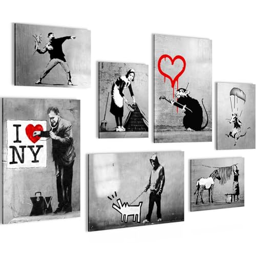 Novart Wandbilder Banksy Collage - KOMPLETT AUFHÄNGFERTIG - Street Art Wohnzimmer Büro Loft - 7 Moderne Mood-Bilder - N003272b von Novart