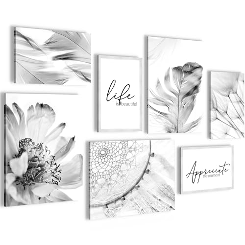 Novart Wandbilder Blumen Abstrakt - KOMPLETT AUFHÄNGFERTIG - Schwarz Weiss Wohnzimmer Schlafzimmer Flur - 7 Moderne Mood-Bilder - N033471a von Novart
