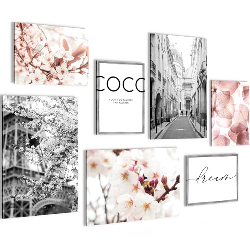 Novart Wandbilder Fashion - KOMPLETT AUFHÄNGFERTIG - Rosa Blumen Wohnzimmer Mädchen Teenager - 7 Moderne Mood-Bilder - N004972a von Novart