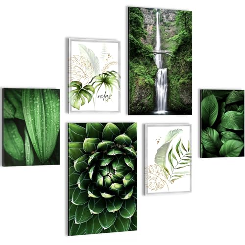 Novart Wandbilder Set Grüne Blätter Wasserfall Pflanze Natur - KEIN EXTRA RAHMEN BENÖTIGT - Modern Deko - Wohnzimmer Schlafzimmer N004067a von Novart