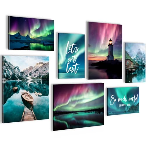 Novart Wandbilder Nordlicht Aurora Nachthimmel - KOMPLETT AUFHÄNGFERTIG - Blau Grün Wohnzimmer Schlafzimmer Flur - 7 Moderne Mood-Bilder - N028871a von Novart