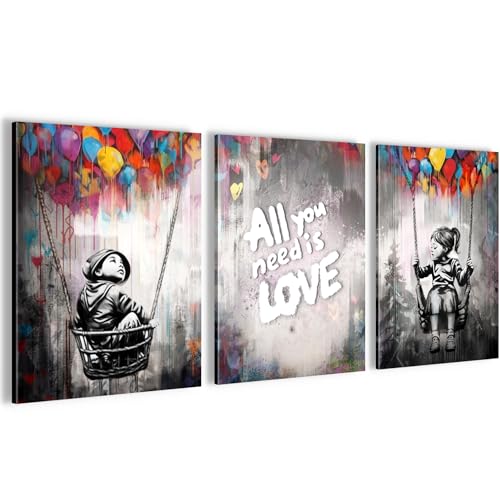 Novart Wandbilder Set Banksy Style Kinder - KOMPLETT AUFHÄNGFERTIG - Wohnzimmer Schlafzimmer Flur Deko - 3 Moderne Bilder Grau - N037435a von Novart