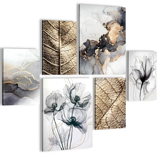 Novart Wandbilder Set Blumen Blätter Gold Grau Schwarz - KEIN EXTRA RAHMEN BENÖTIGT - Modern Deko - Wohnzimmer Schlafzimmer Flur N032563a von Novart