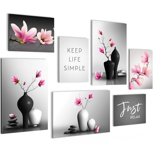 Novart Wandbilder Set Blumen Magnolien Grau Rosa - KEIN EXTRA RAHMEN BENÖTIGT - Modern Deko - Wohnzimmer Schlafzimmer Flur N029172a von Novart
