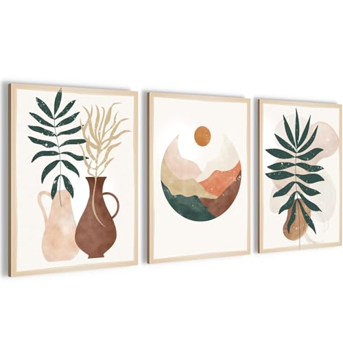 Novart Wandbilder Set Boho Style Pflanzen - KOMPLETT AUFHÄNGFERTIG - Wohnzimmer Schlafzimmer Flur Deko - 3 Moderne Bilder Beige Grün - N036335a von Novart