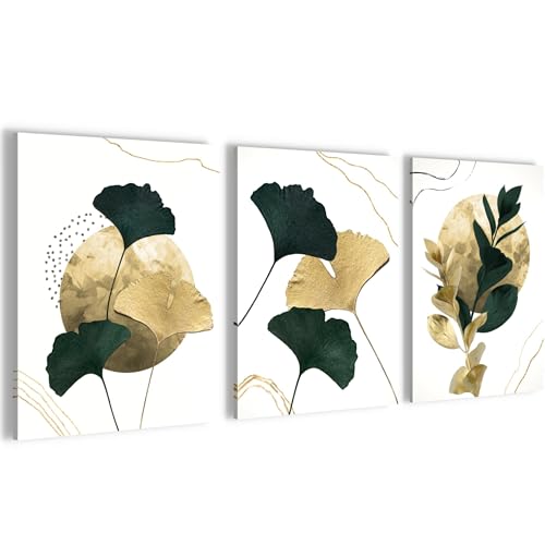 Novart Wandbilder Set Goldene Blätter - KOMPLETT AUFHÄNGFERTIG - Wohnzimmer Schlafzimmer Flur Deko - 3 Moderne Bilder Gelb Frün - N033135b von Novart