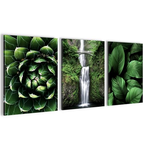 Novart Wandbilder Set Grüne Blätter Wasserfall - KOMPLETT AUFHÄNGFERTIG - Wohnzimmer Schlafzimmer Deko - 3 Moderne Bilder Pflanze Natur - N004035a von Novart