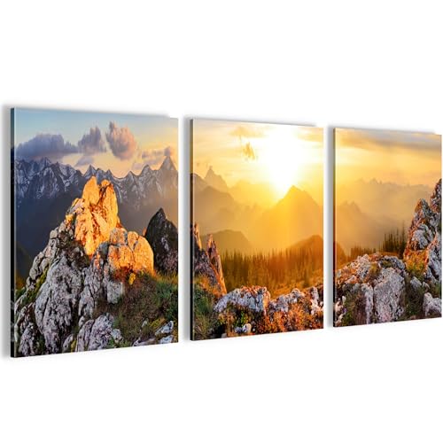 Novart Wandbilder Set Landschaft Berge Natur - KOMPLETT AUFHÄNGFERTIG - Wohnzimmer Schlafzimmer Flur Deko - 3 Moderne Bilder Orange Braun - N033035a von Novart