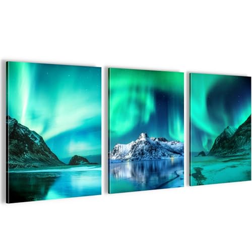 Novart Wandbilder Set Polarlicht Nachthimmel - KOMPLETT AUFHÄNGFERTIG - Wohnzimmer Schlafzimmer Flur Deko - 3 Moderne Bilder Grün Blau - N034835a von Novart