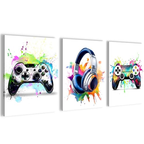 Novart Wandbilder Set Spielkonsole Gamer - KOMPLETT AUFHÄNGFERTIG - Spielzimmer Jungen Teenager Deko - 3 Moderne Bilder Weiß - N038735a von Novart