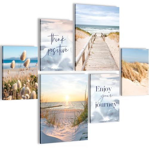 Novart Wandbilder Set Strand Meer Boho Blau Beige - KEIN EXTRA RAHMEN BENÖTIGT - Modern Deko - Wohnzimmer Schlafzimmer Flur N034763b von Novart