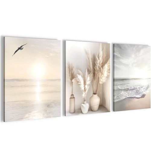 Novart Wandbilder Set Strand Meer Boho - KOMPLETT AUFHÄNGFERTIG - Wohnzimmer Schlafzimmer Flur Deko - 3 Moderne Bilder Beige - N029435a von Novart