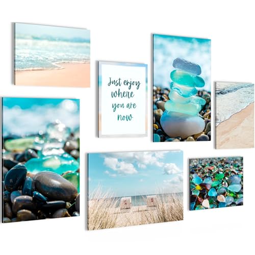 Novart Wandbilder Set Strand Meer Relax Blau Beige - KEIN EXTRA RAHMEN BENÖTIGT - Modern Deko - Wohnzimmer Schlafzimmer Flur N035772a von Novart