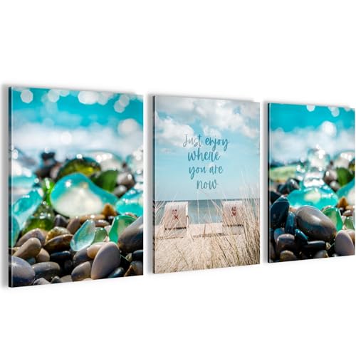 Novart Wandbilder Set Strand Meer Relax - KOMPLETT AUFHÄNGFERTIG - Wohnzimmer Schlafzimmer Flur Deko - 3 Moderne Bilder Blau Beige - N035735a von Novart