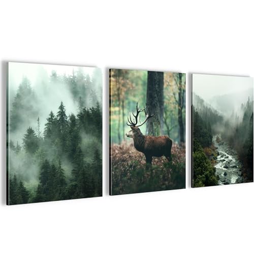 Novart Wandbilder Set Wald Hirsch - KOMPLETT AUFHÄNGFERTIG - Wohnzimmer Schlafzimmer Deko - 3 Moderne Bilder Natur Grün - N004635a von Novart