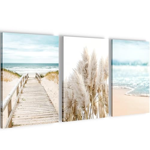 Novart Wandbilder Strand Meer - KOMPLETT AUFHÄNGFERTIG - Wohnzimmer Schlafzimmer Wanddeko - 3 Bilder Set Blau Beige - N004830a von Novart