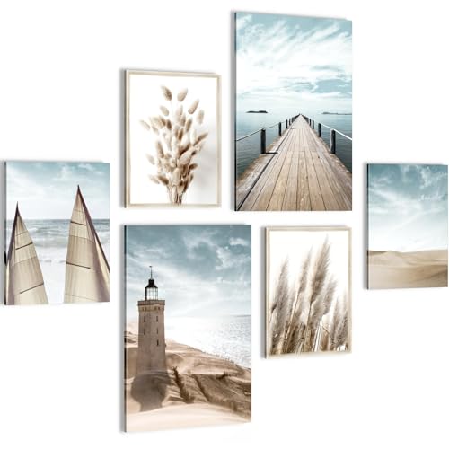 Novart Wandbilder Set Strand Meer Leuchtturm Blau Beige - KEIN EXTRA RAHMEN BENÖTIGT - Modern Deko - Wohnzimmer Schlafzimmer N007167a von Novart
