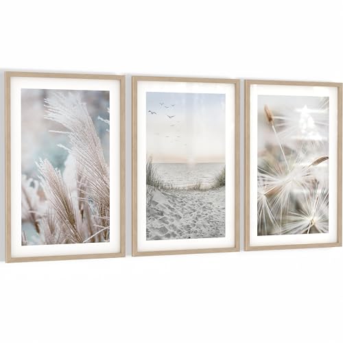 Novart Wandbilder mit Rahmen Strand Meer Boho - Wohnzimmer Schlafzimmer Flur Wanddeko - 3 Bilder Set Blau Beige - N133836aR1 von Novart