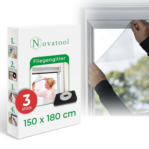 Novatool 3X Fliegengitter Fenster 150x180 anthrazit individuell kürzbar Insektenschutz Fliegennetz Fensternetz Mückennetz Mückengitter Fenstergaze (3, Fliegengitter) von Novatool