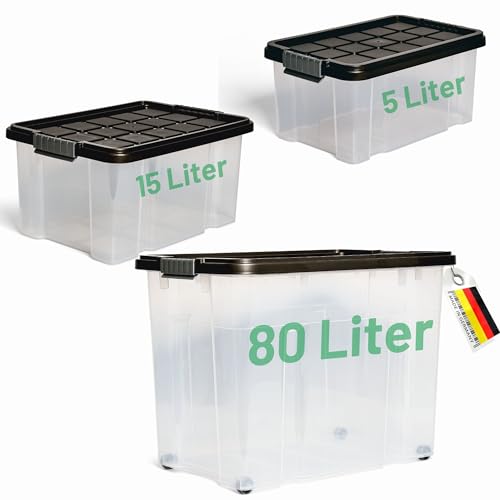 Novaliv 3 tlg Sparset Aufbewahrungsboxen mit Deckel Anthrazit 1x80 L + 1x 55L + 1x 28L Nestbar stapelbar Clipverschluss Rollboxen BPA-frei von Novatool