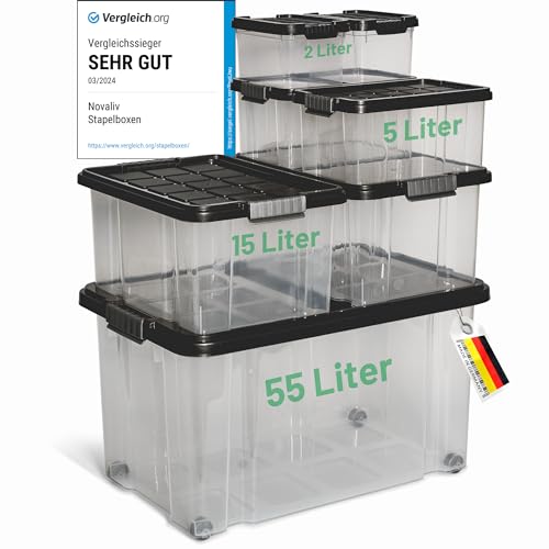 Novaliv 7 tlg Sparset Aufbewahrungsboxen mit Deckel Anthrazit 1x55 L + 2x 15L + 2x 5L + 2x 2L Nestbar stapelbar Clipverschluss Rollboxen BPA-frei von Novatool