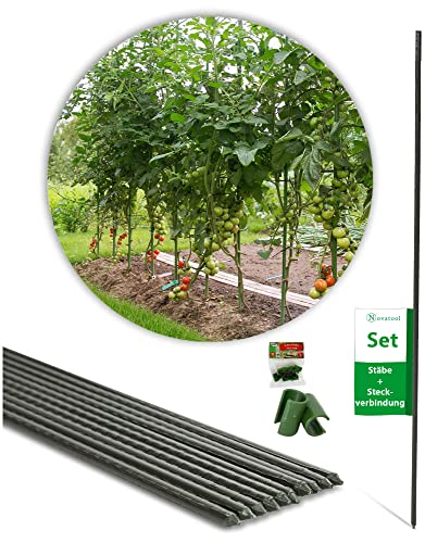 Novatool 10x Pflanzstab 150 cm und 12x Stabverbinder 11 mm I Multifunktionsclips Pflanzstäbe Verbinder Clip I Clips für Stäbe Rankhilfe Kletterpflanzen Tomaten Zimmerpflanzen I Pflanzenclips Rankhilfe von Novatool