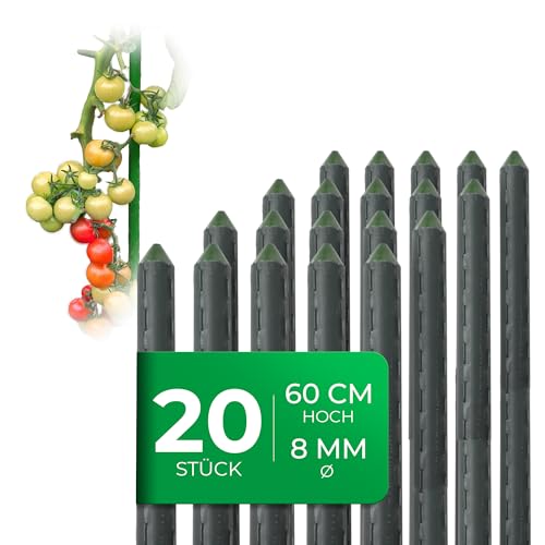 Novatool 20 Stück kleine Pflanzstäbe 60cm grün 8mm ⌀ stabil Metallrohr kunststoffummantelt Rankstäbe für Pflanzen Rankhilfe Gurken Tomatenstäbe für Kletterpflanzen Rankstab Pflanzstab 60 cm von Novatool