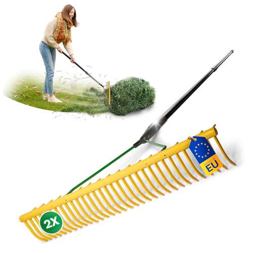 Novatool 2er Set Gartenrechen mit Grasfang-Vorrichtung, 32 Zinken und Teleskop-Stiel bis 152cm, Arbeitsbreite 64,5 cm, Rechen aus Kunststoff und Metall, Laubsammler, Laubrechen, Rasenrechen, Gelb von Novatool
