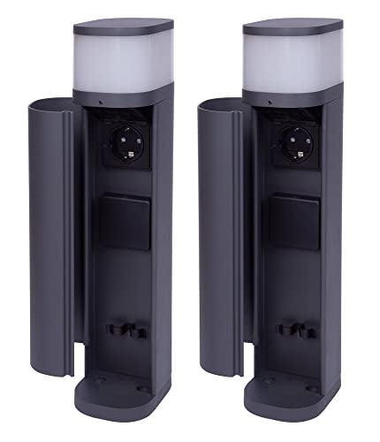 Novatool 2x Pollerleuchte außen mit Steckdose 2-fach Anthrazit rund mit Blende IP44 Steckdose Gartensteckdose Outdoor Steckdosesäule Garten Steckdosenturm von Novatool