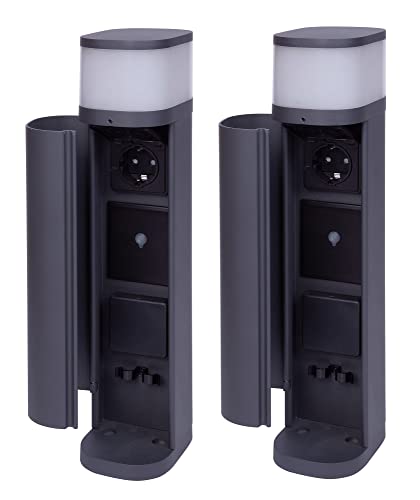 Novatool 2x Pollerleuchte außen mit Steckdose Funk 2-fach Anthrazit rund mit Blende SMART WIFI APP IP44 Steckdose Gartensteckdose Outdoor Steckdosesäule Garten Steckdosenturm von Novatool