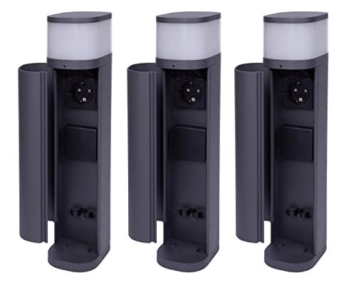 Novatool 3x Pollerleuchte mit Steckdose 2-fach Anthrazit rund mit Blende IP44 Steckdose Aussen Gartensteckdose Outdoor Steckdosesäule Garten Steckdosenturm von Novatool