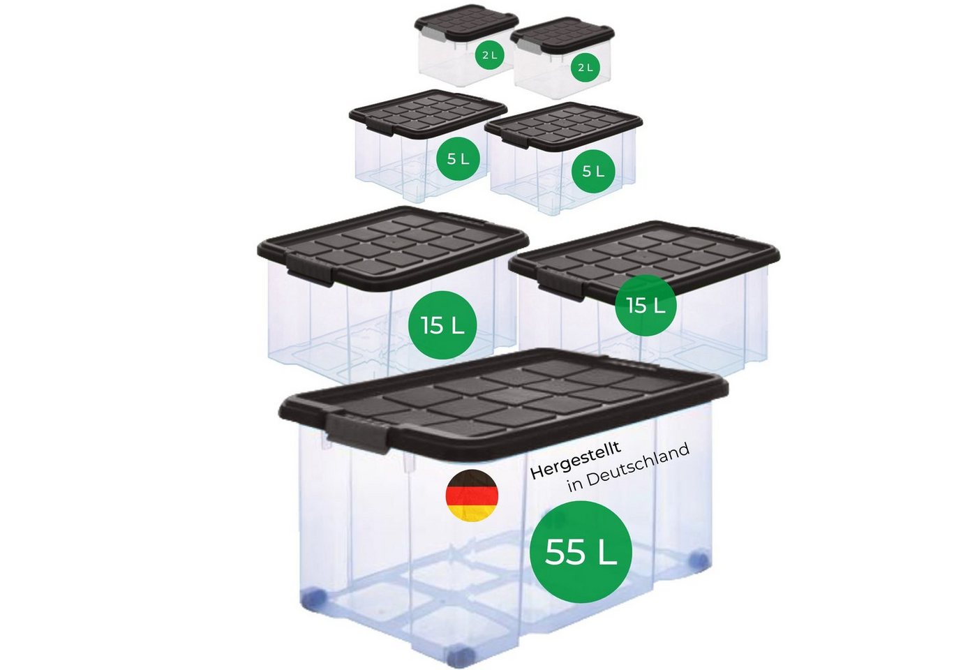 Novatool Aufbewahrungsbox - (1 St), Aufbewahrungsbox mit Deckel 1x55 L + 2x 15L + 2x 5L + 2x 2L von Novatool