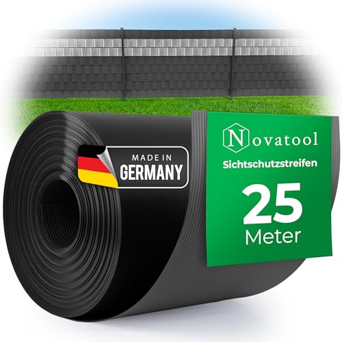 Novatool 25m Rolle PP Premium Sichtschutzstreifen für Doppelstabmatten ANTHRAZIT 19 cm für 10 Reihen Stabmattenzaun Sichtschutzstreifen GRAU mit Rillen witterungsbeständig Zaunelemente Sichtschutz von Novatool